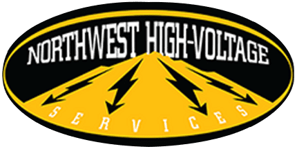 Logo of Northwest High-Voltage Services featuring a stylized yellow mountain with black lightning bolts and text in an oval shape.