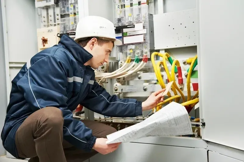 A man in a hard hat looking at papers.